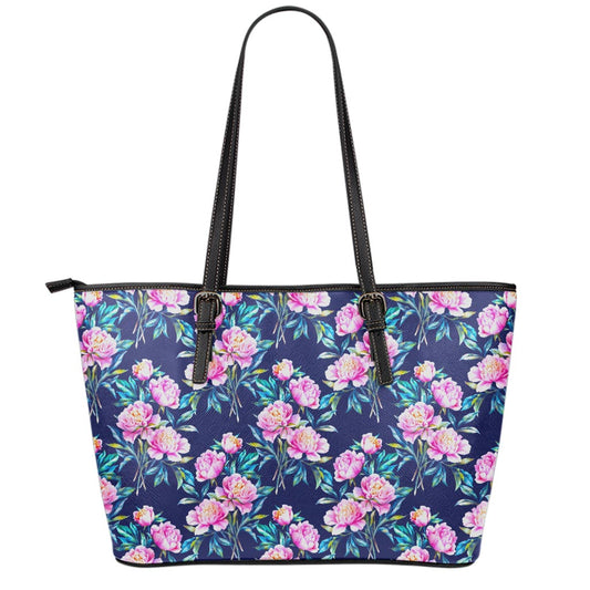 Pink Peony Floral Flower Pattern Print Leather Tote Bag