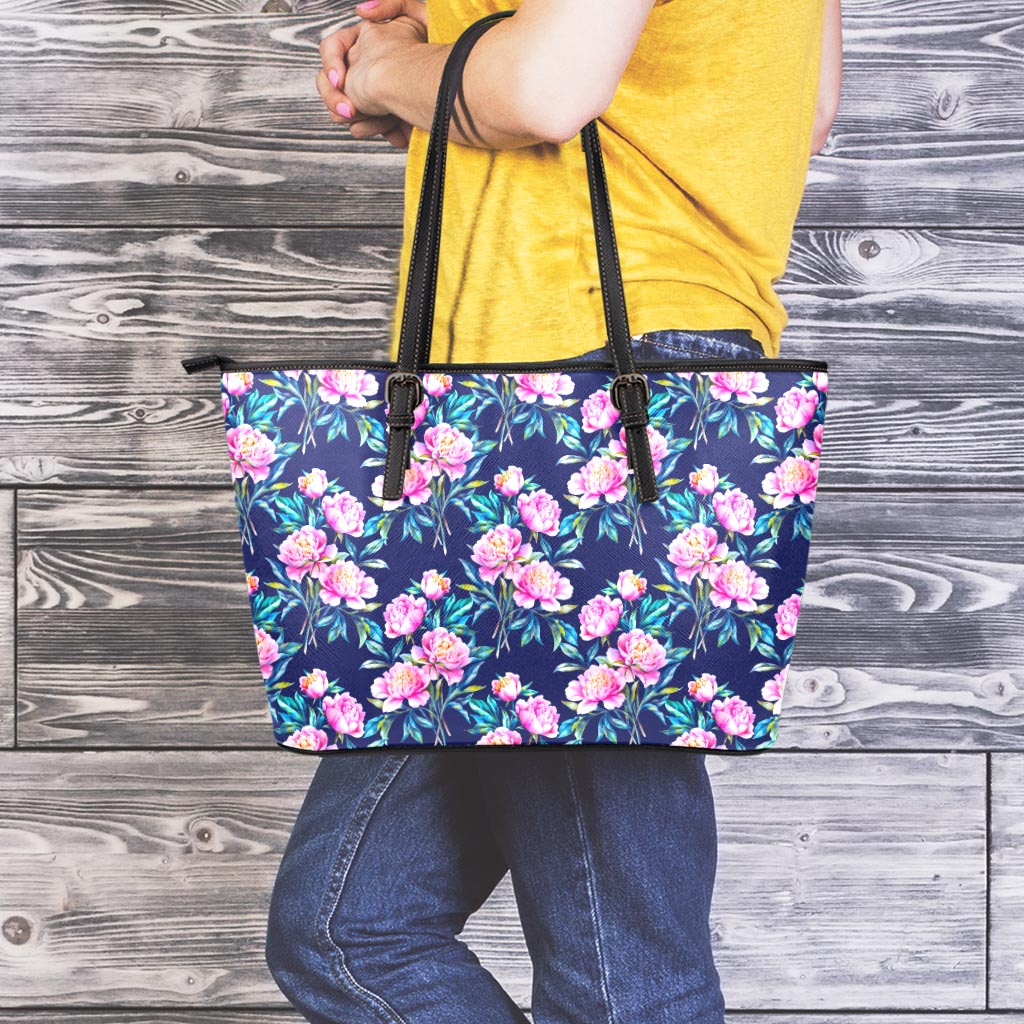 Pink Peony Floral Flower Pattern Print Leather Tote Bag