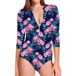 Pink Peony Floral Flower Pattern Print Long Sleeve Swimsuit