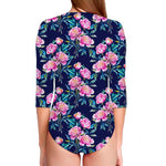 Pink Peony Floral Flower Pattern Print Long Sleeve Swimsuit
