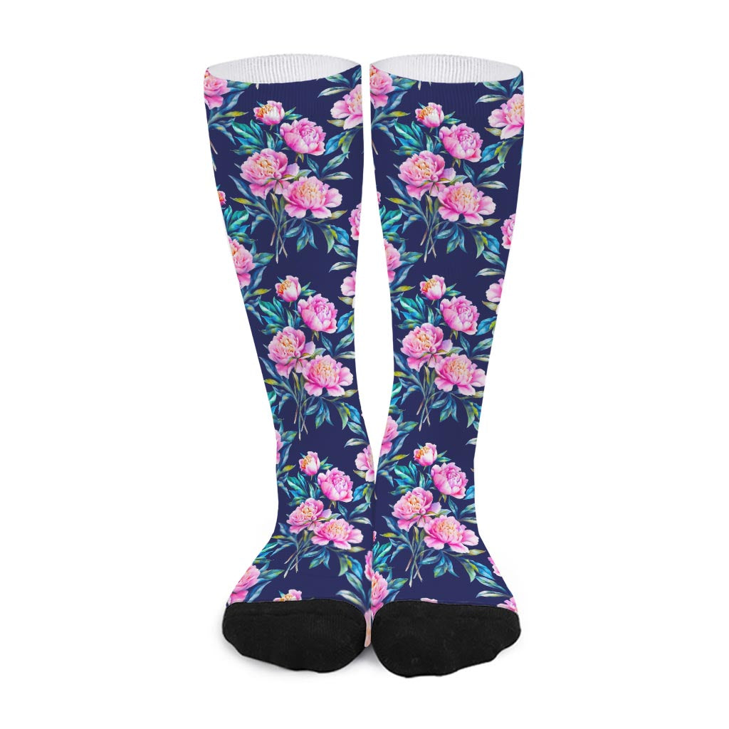 Pink Peony Floral Flower Pattern Print Long Socks