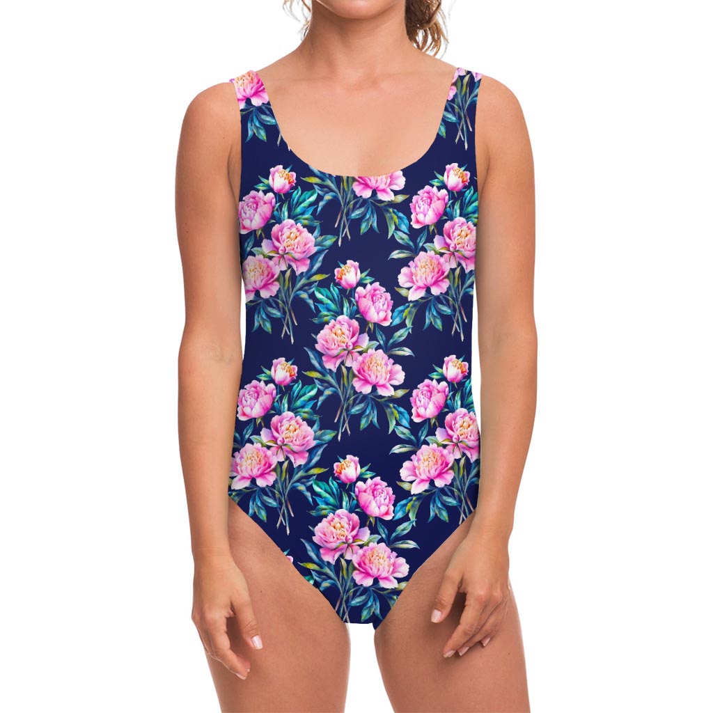 Pink Peony Floral Flower Pattern Print One Piece Swimsuit