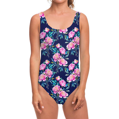Pink Peony Floral Flower Pattern Print One Piece Swimsuit