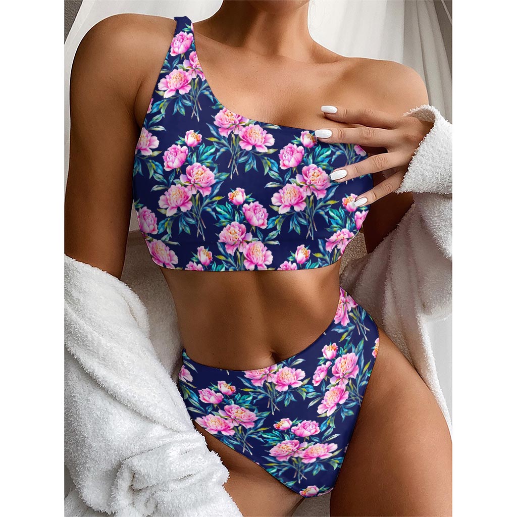 Pink Peony Floral Flower Pattern Print One Shoulder Bikini Top