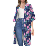 Pink Peony Floral Flower Pattern Print Open Front Beach Cover Up