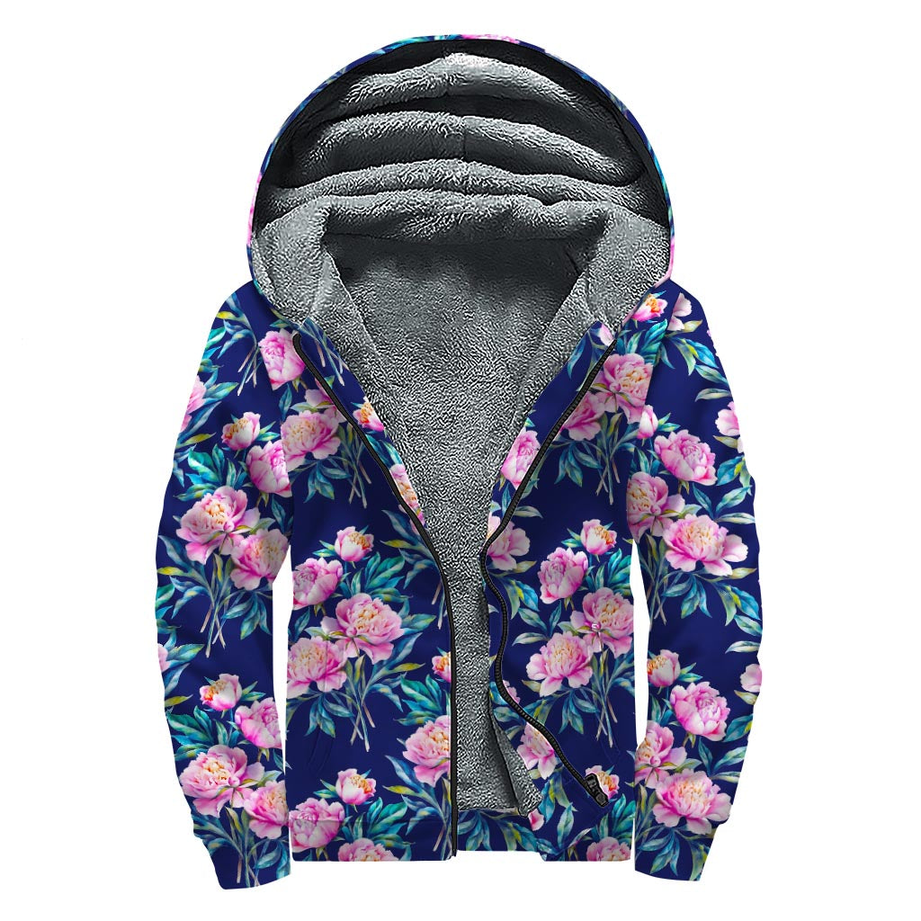 Pink Peony Floral Flower Pattern Print Sherpa Lined Zip Up Hoodie