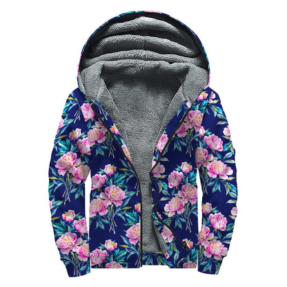 Pink Peony Floral Flower Pattern Print Sherpa Lined Zip Up Hoodie