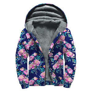 Pink Peony Floral Flower Pattern Print Sherpa Lined Zip Up Hoodie