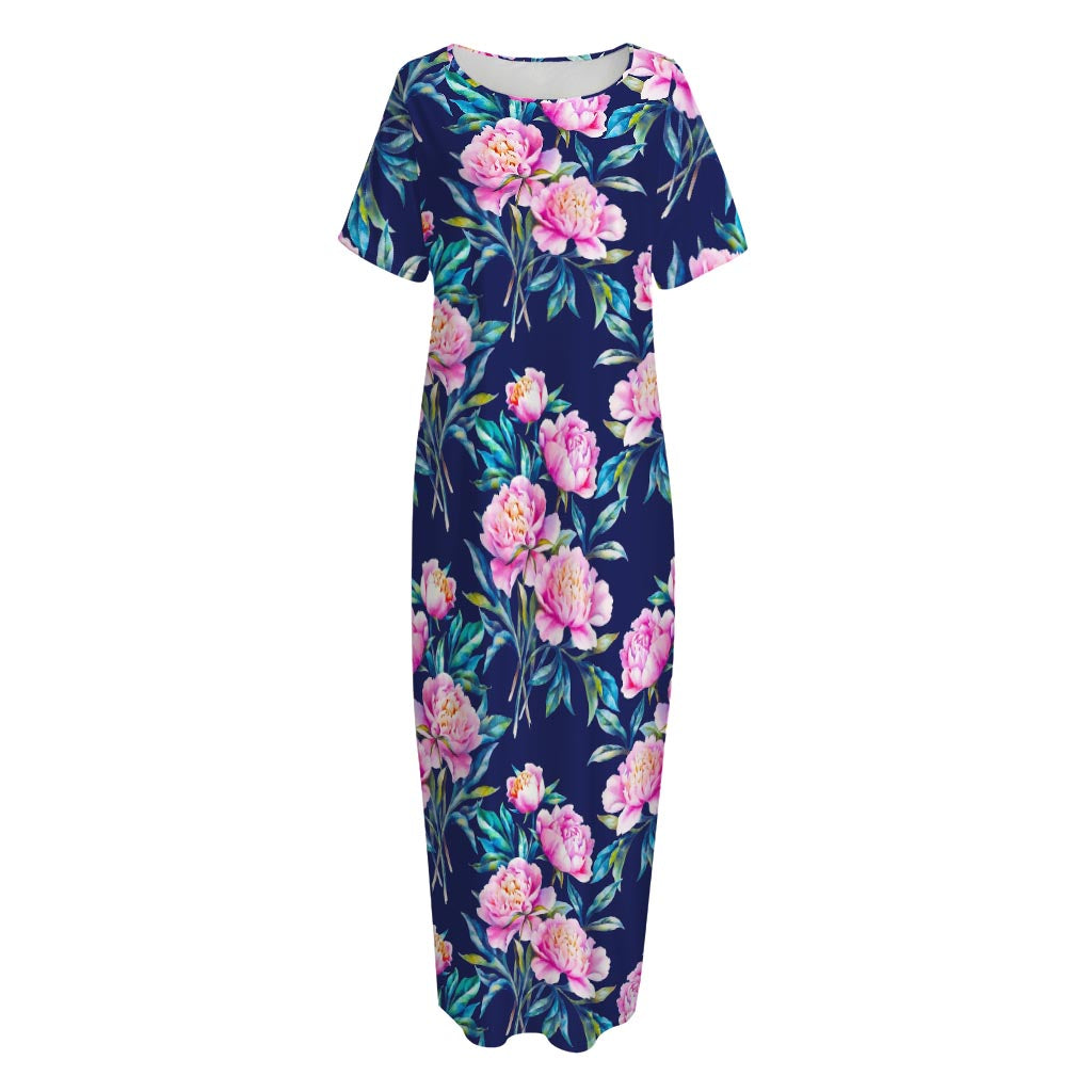 Pink Peony Floral Flower Pattern Print Short Sleeve Long Nightdress