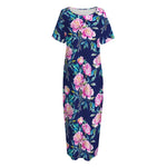Pink Peony Floral Flower Pattern Print Short Sleeve Long Nightdress