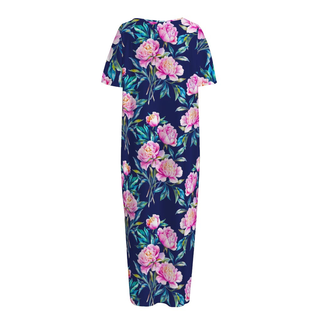 Pink Peony Floral Flower Pattern Print Short Sleeve Long Nightdress