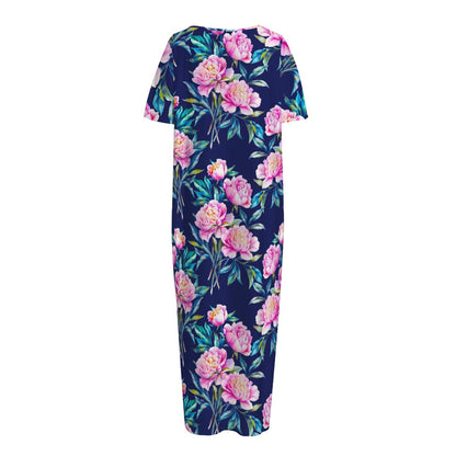 Pink Peony Floral Flower Pattern Print Short Sleeve Long Nightdress
