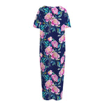 Pink Peony Floral Flower Pattern Print Short Sleeve Long Nightdress