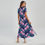 Pink Peony Floral Flower Pattern Print Short Sleeve Maxi Dress