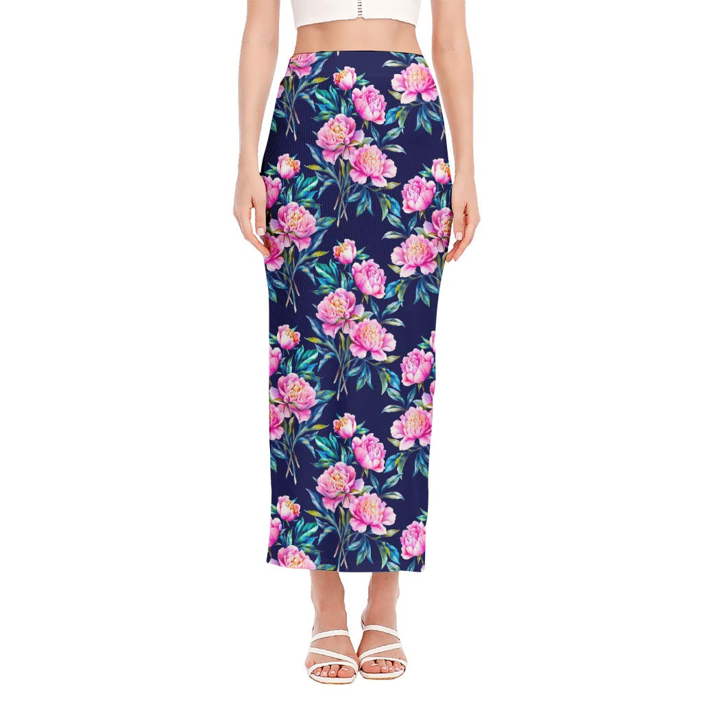 Pink Peony Floral Flower Pattern Print Side Slit Maxi Skirt