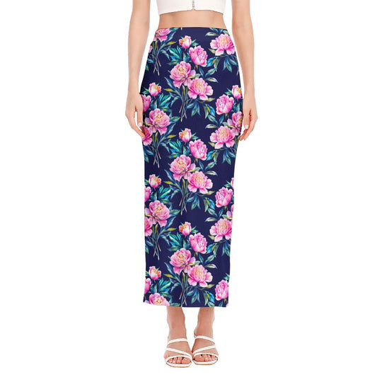 Pink Peony Floral Flower Pattern Print Side Slit Maxi Skirt