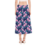 Pink Peony Floral Flower Pattern Print Side Slit Midi Skirt