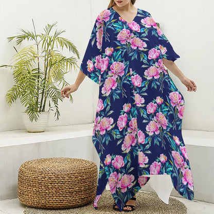 Pink Peony Floral Flower Pattern Print Silk V-Neck Kaftan Dress