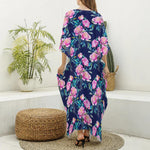 Pink Peony Floral Flower Pattern Print Silk V-Neck Kaftan Dress