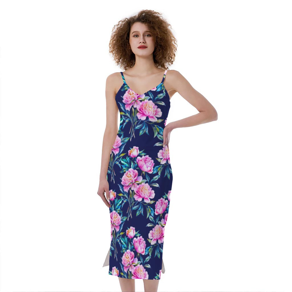 Pink Peony Floral Flower Pattern Print Slim Fit Midi Cami Dress