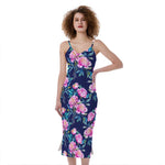 Pink Peony Floral Flower Pattern Print Slim Fit Midi Cami Dress