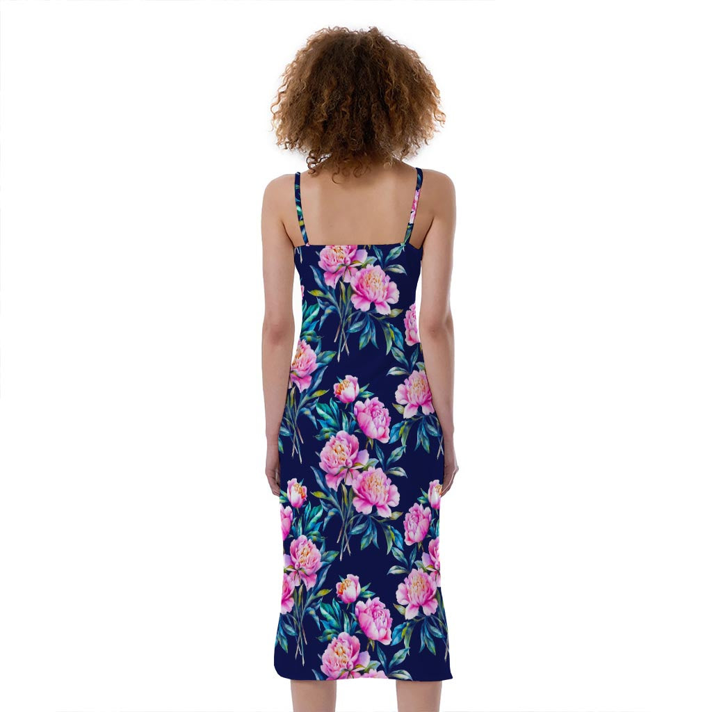 Pink Peony Floral Flower Pattern Print Slim Fit Midi Cami Dress