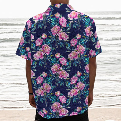 Pink Peony Floral Flower Pattern Print Textured Short Sleeve Shirt