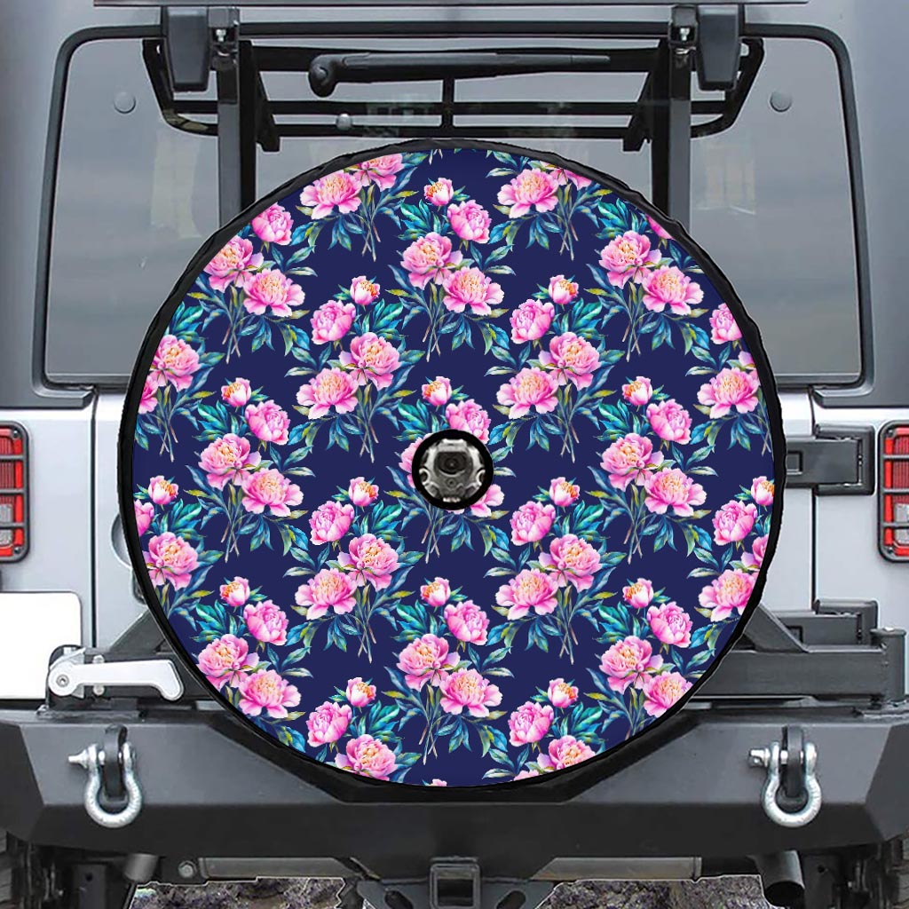 Pink Peony Floral Flower Pattern Print Tire Cover With Camera Hole