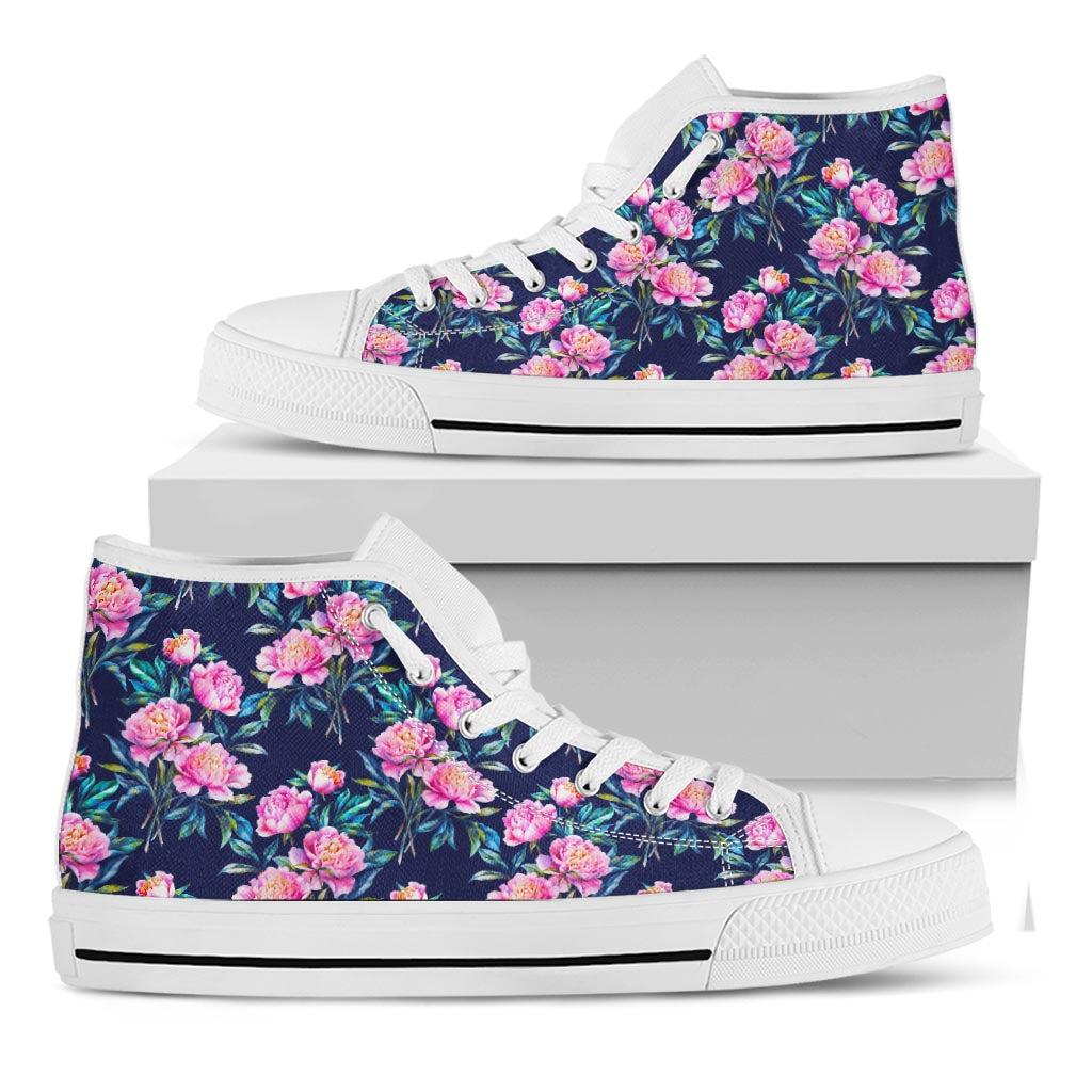Pink Peony Floral Flower Pattern Print White High Top Sneakers