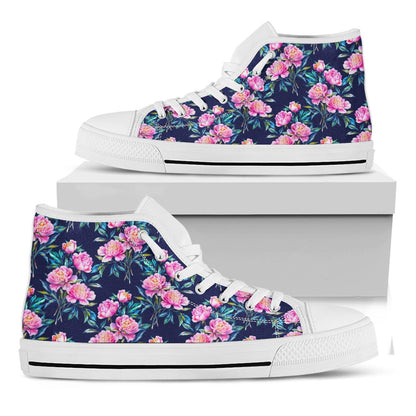 Pink Peony Floral Flower Pattern Print White High Top Sneakers