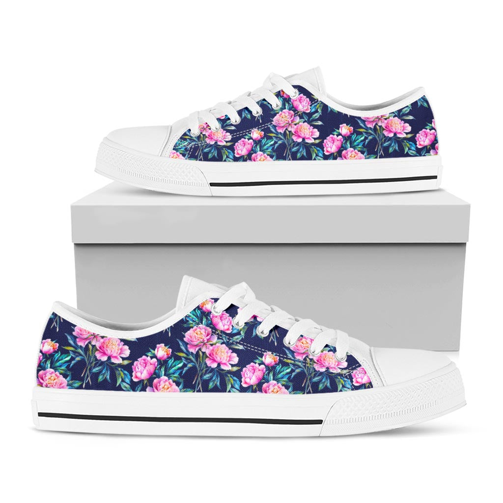Pink Peony Floral Flower Pattern Print White Low Top Sneakers