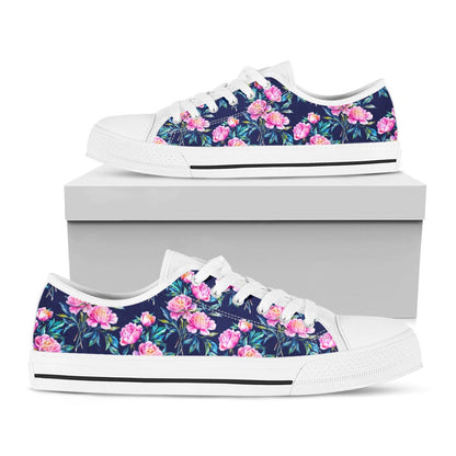 Pink Peony Floral Flower Pattern Print White Low Top Sneakers