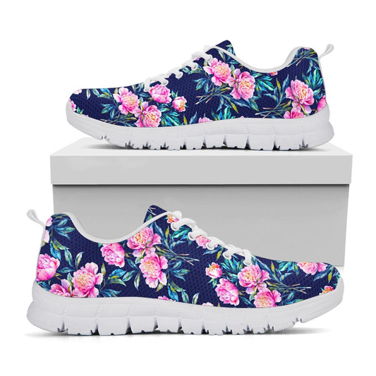 Pink Peony Floral Flower Pattern Print White Running Shoes
