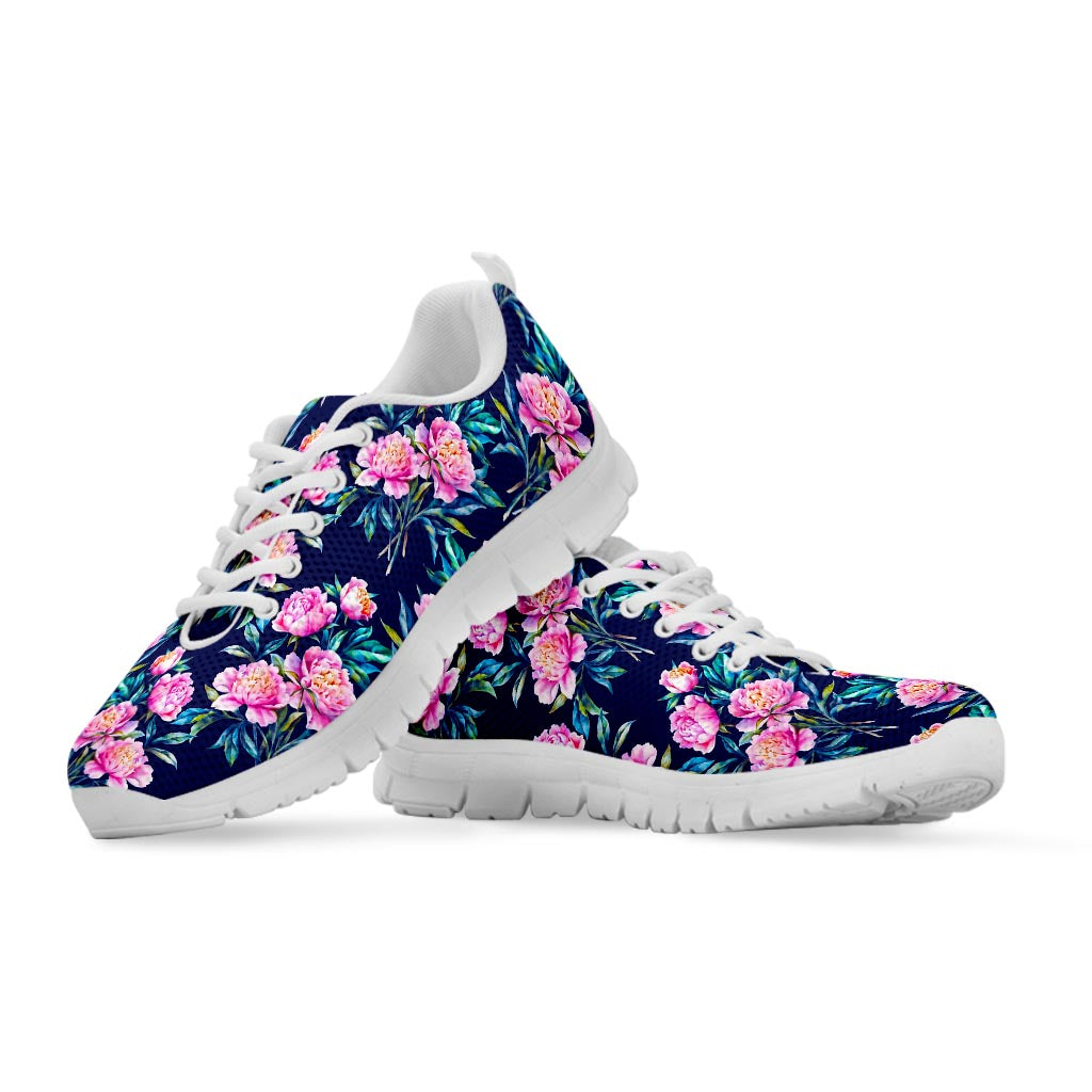 Pink Peony Floral Flower Pattern Print White Running Shoes