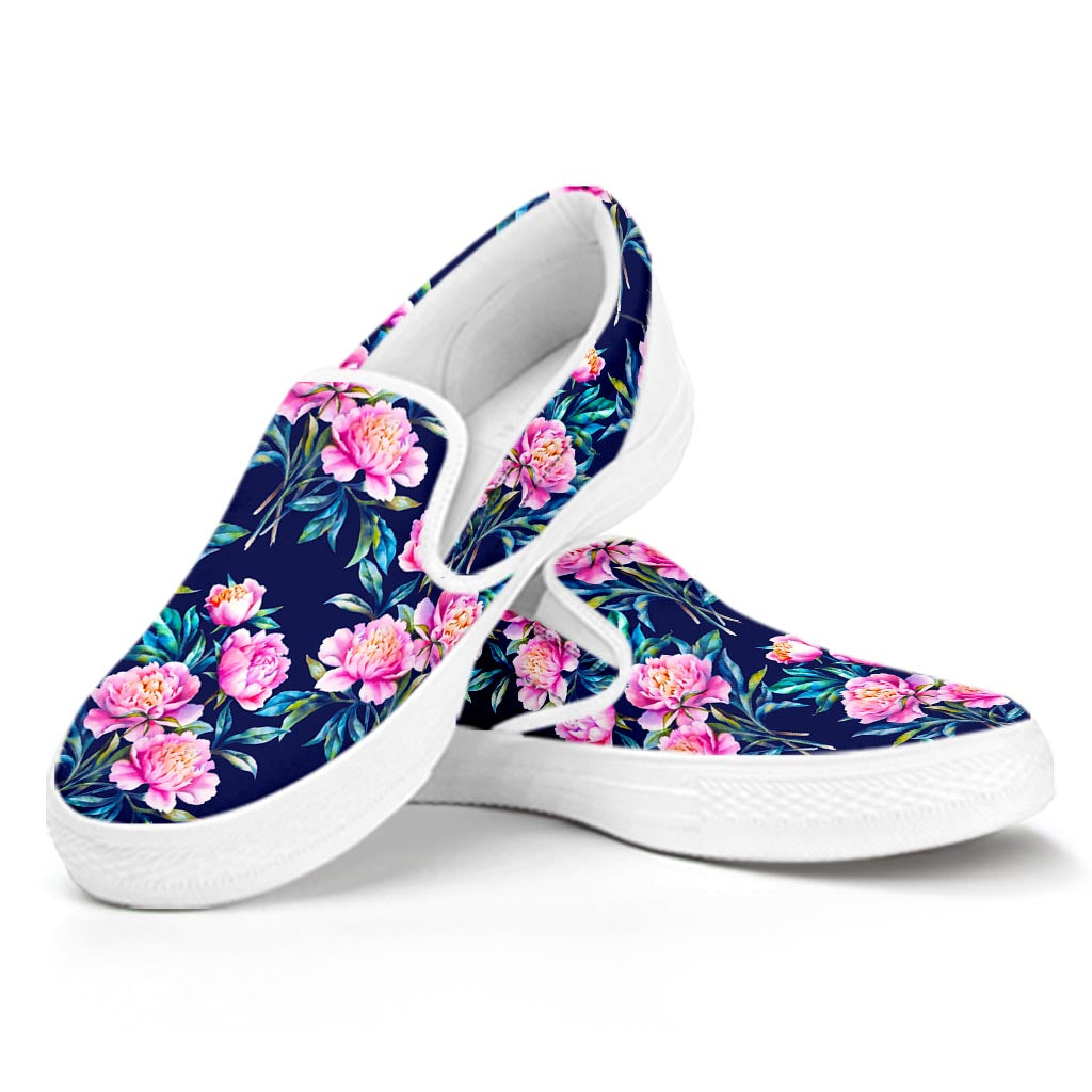 Pink Peony Floral Flower Pattern Print White Slip On Sneakers