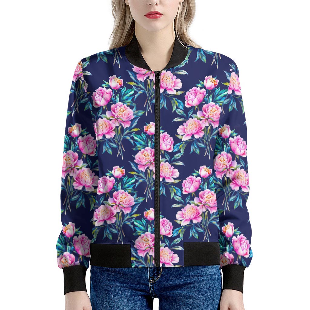 Pink Peony Floral Flower Pattern Print Women's Bomber Jacket