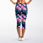 Pink Peony Floral Flower Pattern Print Women's Capri Leggings