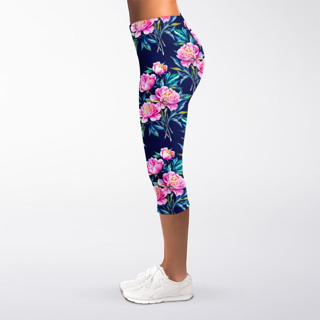 Pink Peony Floral Flower Pattern Print Women's Capri Leggings