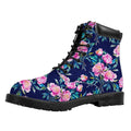 Pink Peony Floral Flower Pattern Print Padded Collar Lace Up Boots