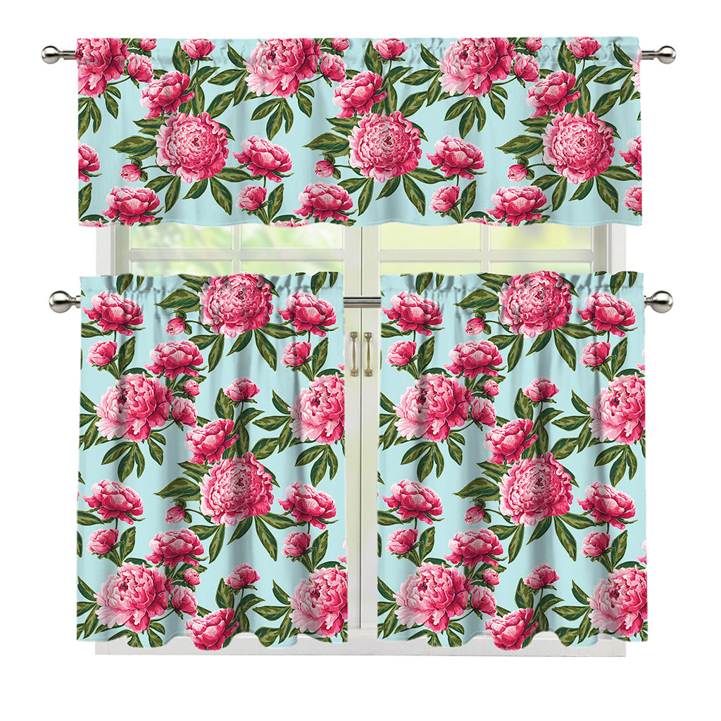 Pink Peony Pattern Print 3 Piece Kitchen Curtains