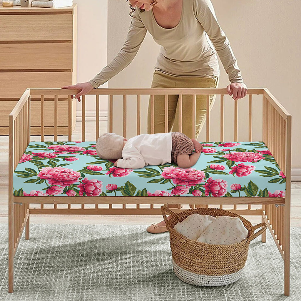 Pink Peony Pattern Print Baby Crib Sheet