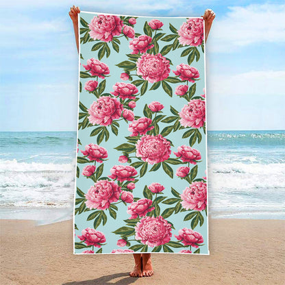 Pink Peony Pattern Print Beach Towel