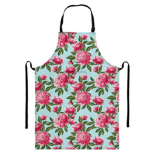 Pink Peony Pattern Print Bib Apron With Pocket