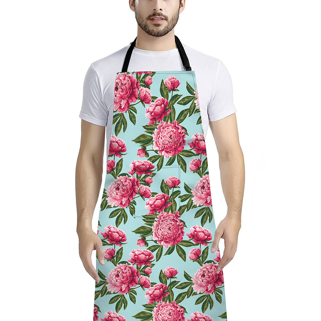 Pink Peony Pattern Print Bib Apron With Pocket