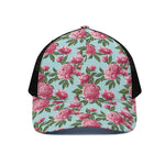 Pink Peony Pattern Print Black Mesh Trucker Cap