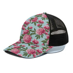 Pink Peony Pattern Print Black Mesh Trucker Cap