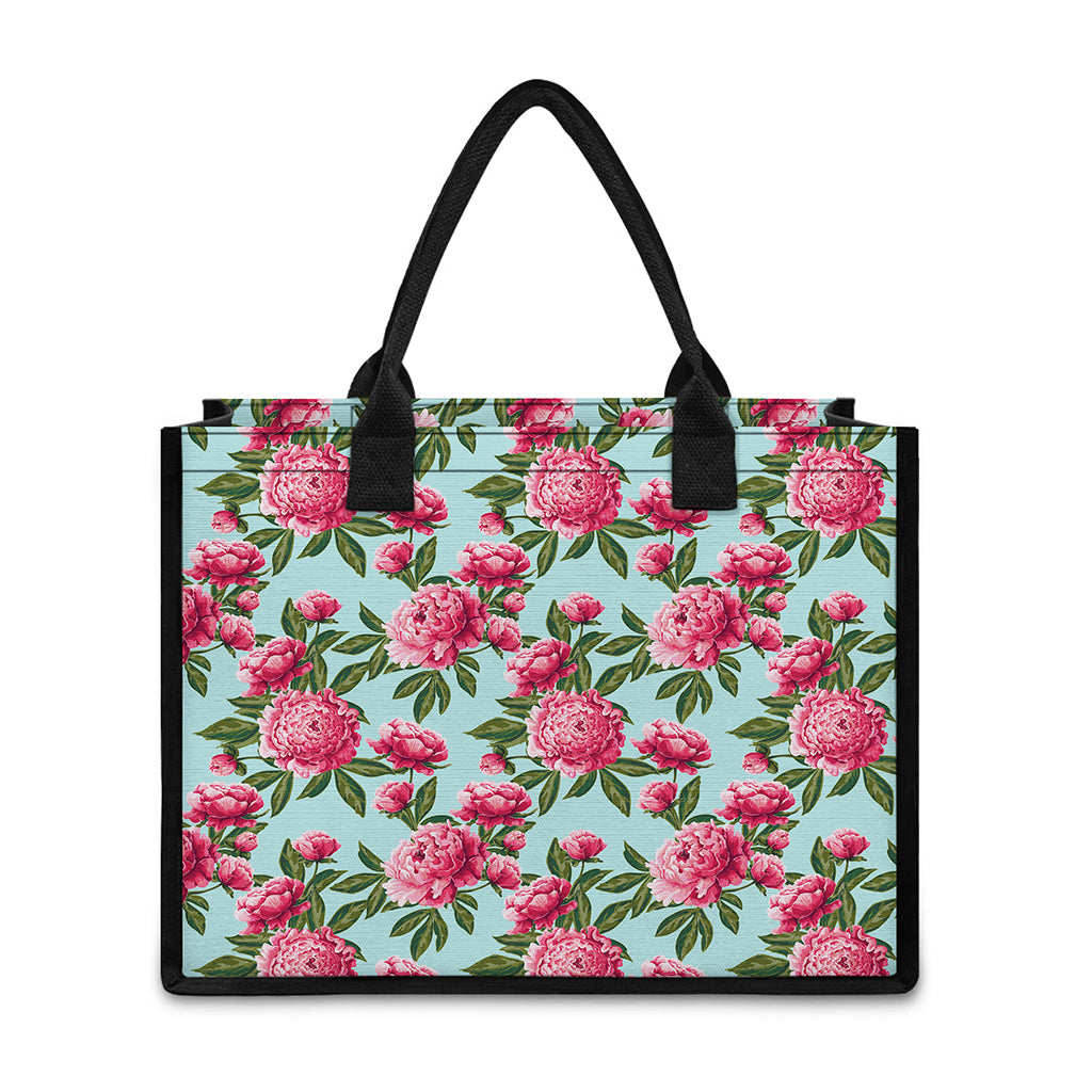 Pink Peony Pattern Print Canvas Tote Bag