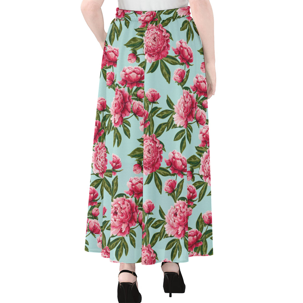 Pink Peony Pattern Print Chiffon Maxi Skirt