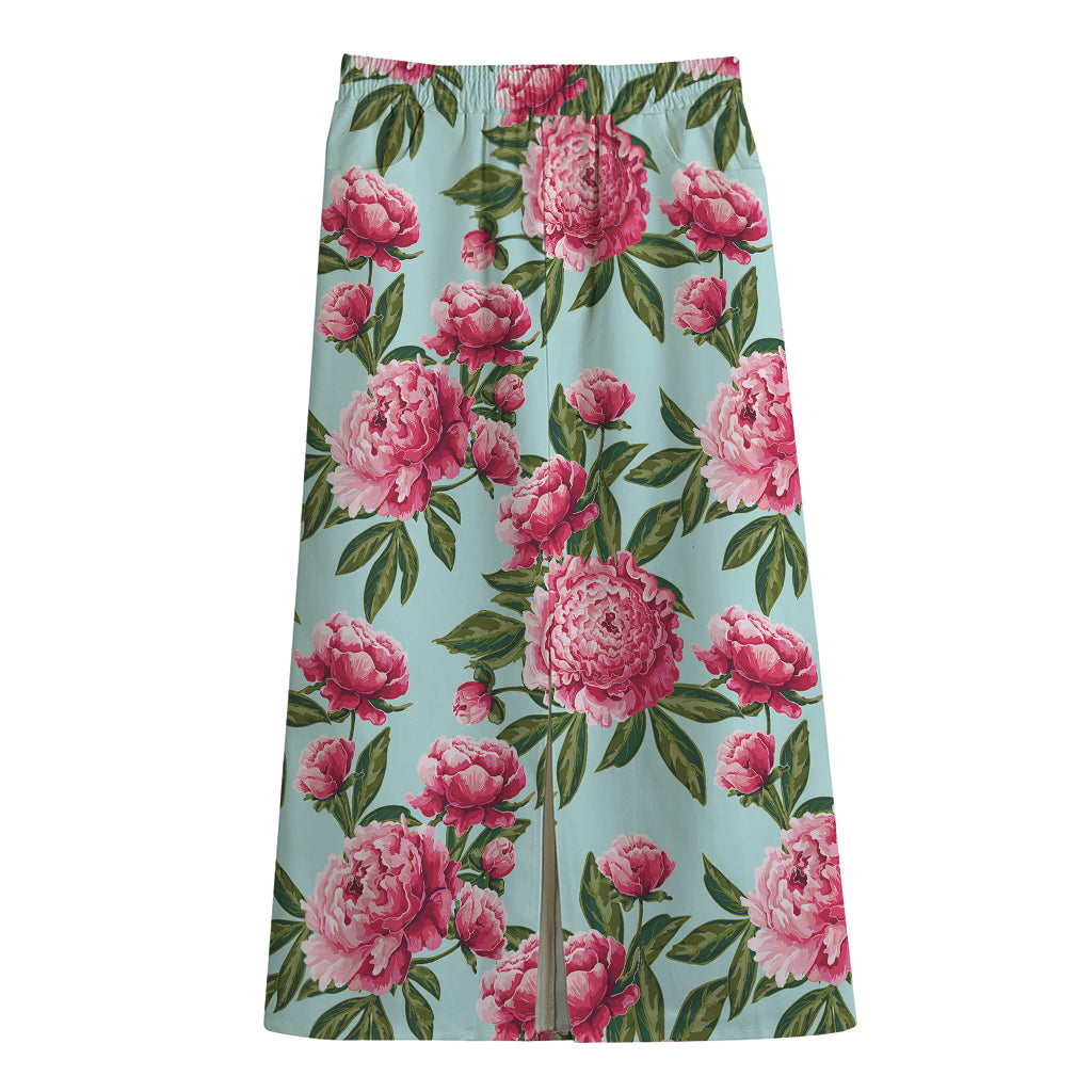 Pink Peony Pattern Print Cotton Front Slit Maxi Skirt