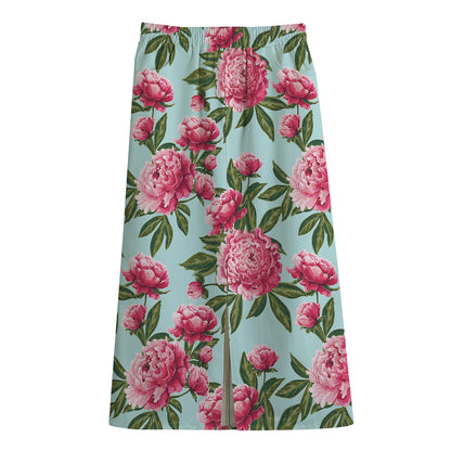 Pink Peony Pattern Print Cotton Front Slit Maxi Skirt